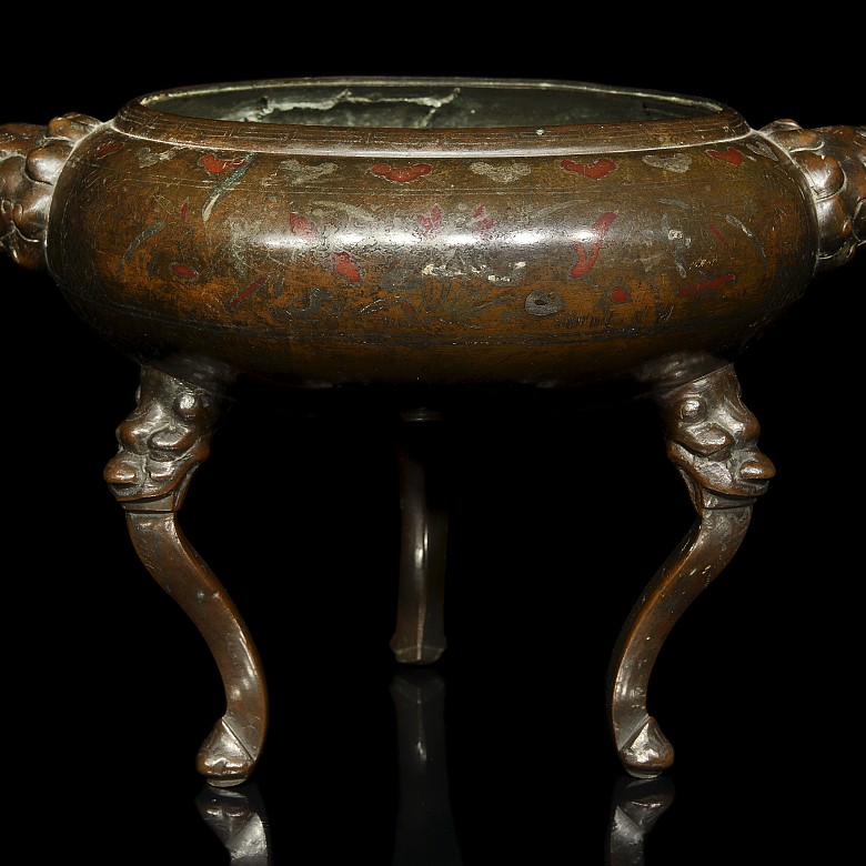 Inlaid bronze tripod censer, Qing dynasty - 5
