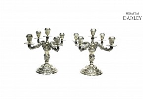 Pair of five-lit silver candlesticks, mid 20th century