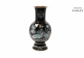 Large bronze enameled vase with pearl oyster inlay.