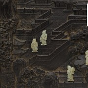 Panel de madera con cuatro piezas de jade, dinastía Qing (1644 - 1912)