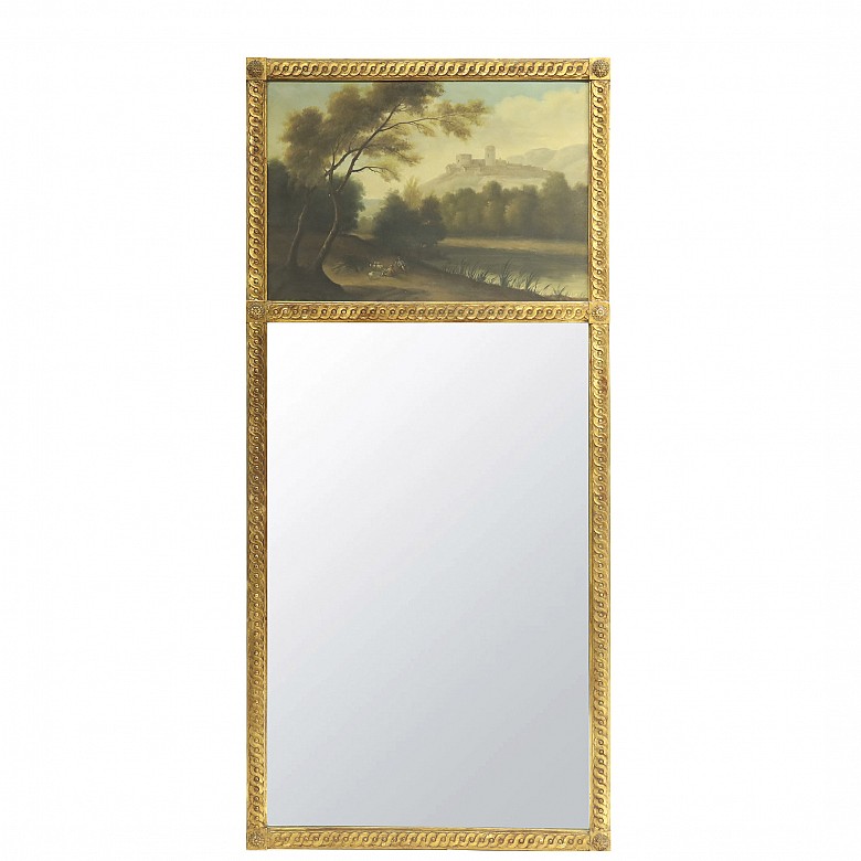 Gran espejo con paisaje y marco de madera, S.XX - 3