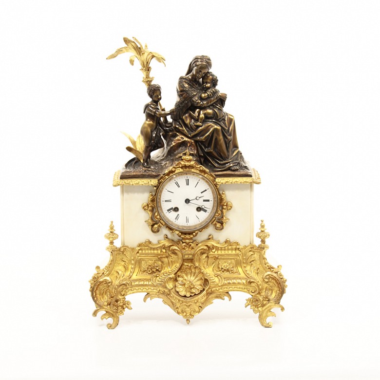 Reloj de mesa de bronce dorado y mármol, Barbot Paris, Finales s.XIX - 1