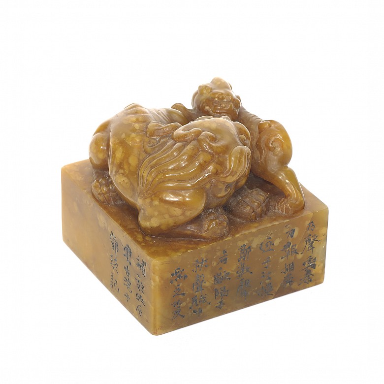 Sello de piedra con leones chinos, Shoushan, S.XX