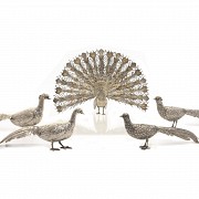 Group of four pheasants and a silver-plated metal peacock, 20th century