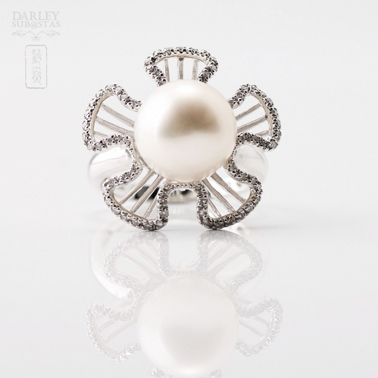 Ring in 18k white gold with natural pearl and diamond - 4