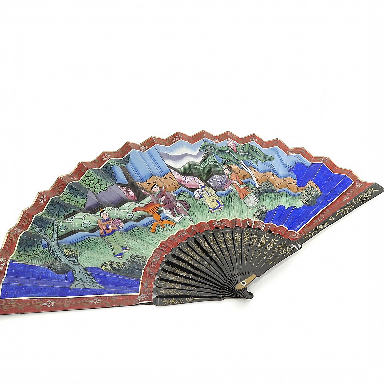 Chinese fan with hand painted paper, 19th century. - 7