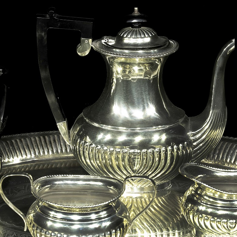 English tea set with tray, silver-plated metal, 20th century - 1