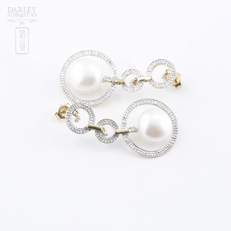 Original 18k yellow gold earrings with pearl and diamonds - 3