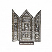 Triptych in wood trimmed with silver, 20th century