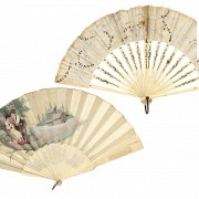Two fans with carved bone linkage, fainted fabric.