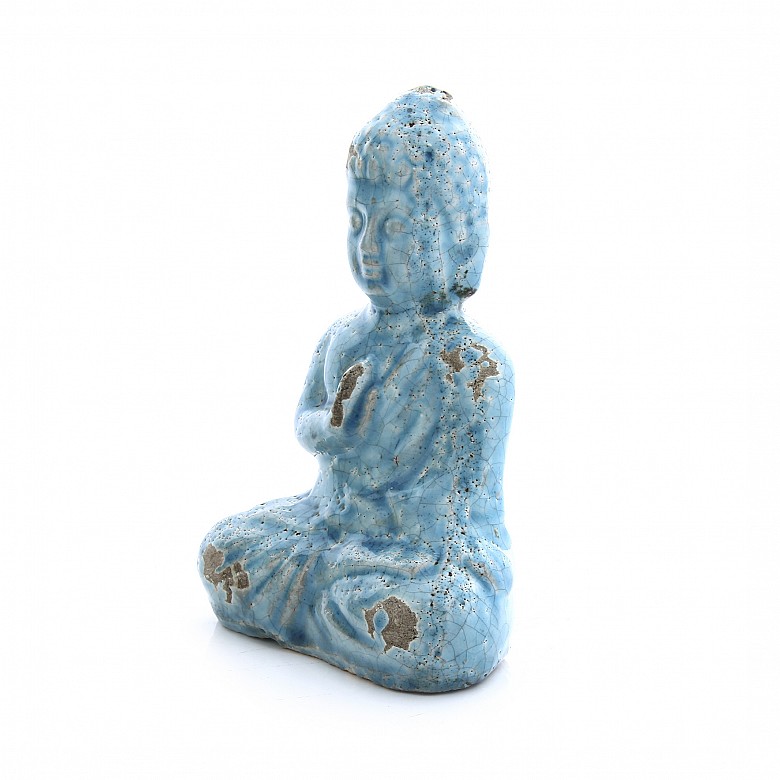 Buda de terracota vidriada en azul celeste, s.XX