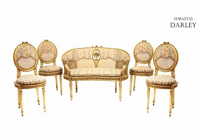 Canapé y cuatro sillas estilo Luis XVI  con asiento de rejilla, ffs.s.XIX
