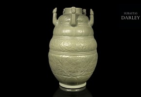 Vase with reliefs glazed in olive green, 20th century