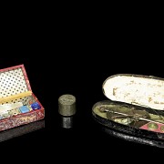 Antique utensils with box and a metal stamp, 19th century