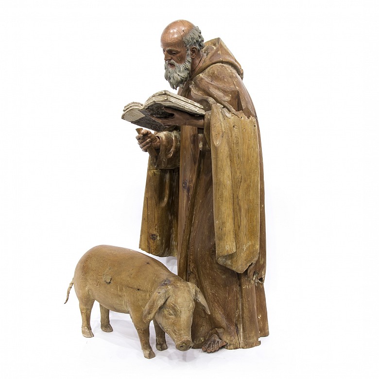 Escultura de madera de San Antonio Abad y un cerdo, s.XIX