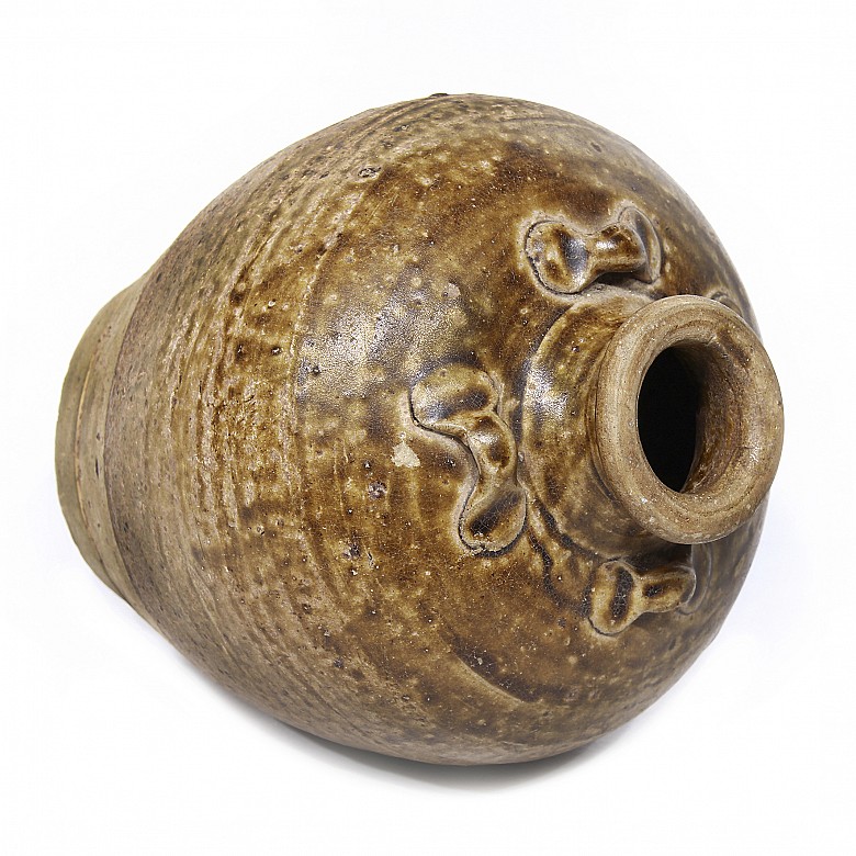 Jarrón de cerámica, vidriado color marrón, dinastía Yuan/Ming