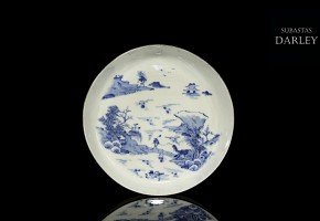 Porcelain dish with a landscape, blue and white, 20th century