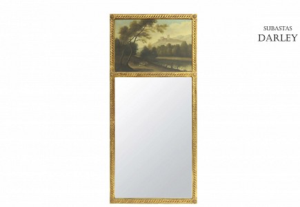 Gran espejo con paisaje y marco de madera, S.XX