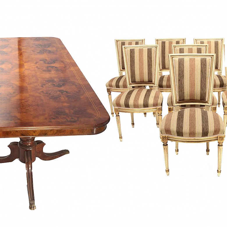 Dining table with root marquetry and eight chairs, 20th century
