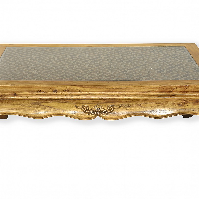 Asian style wooden table with glass