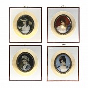 Lot of four miniatures with portraits of ladies, 19th c.