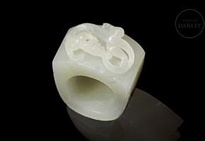 Carved white jade archer ring 