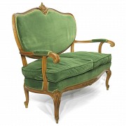 Tresillo y sillas tapizados en terciopelo verde, S.XX