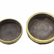 Two large wooden and brass bowls. - 1