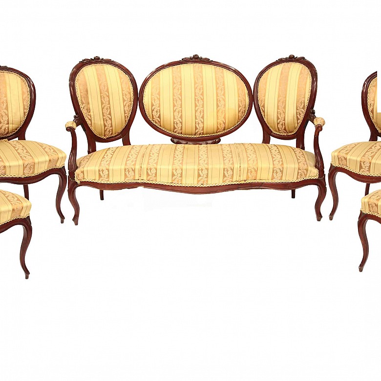 Three-piece suite and two chairs, Isabeline style, 20th century