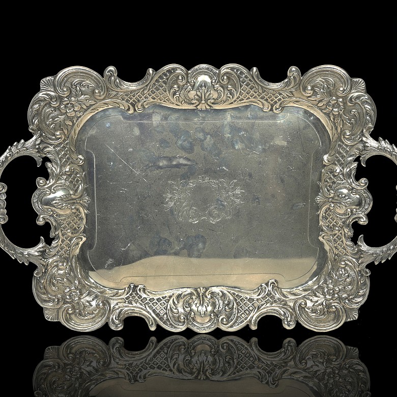 Spanish punched silver tray, 20th century