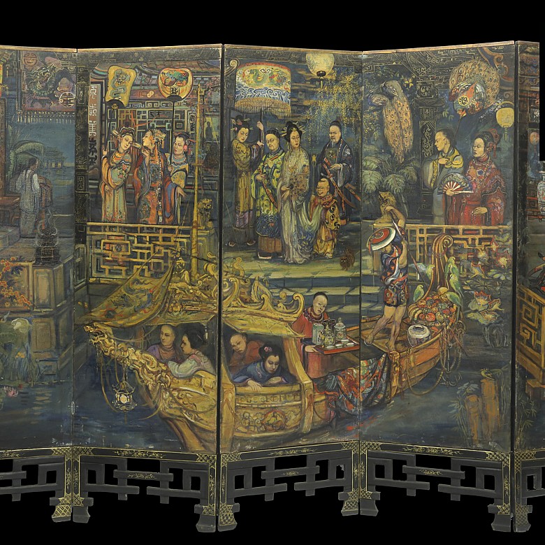 Oriental wooden and painted silk screen, 19th - 20th century