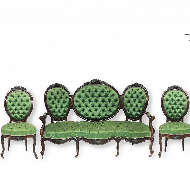 Elizabethan armchair with green upholstery, 19th century