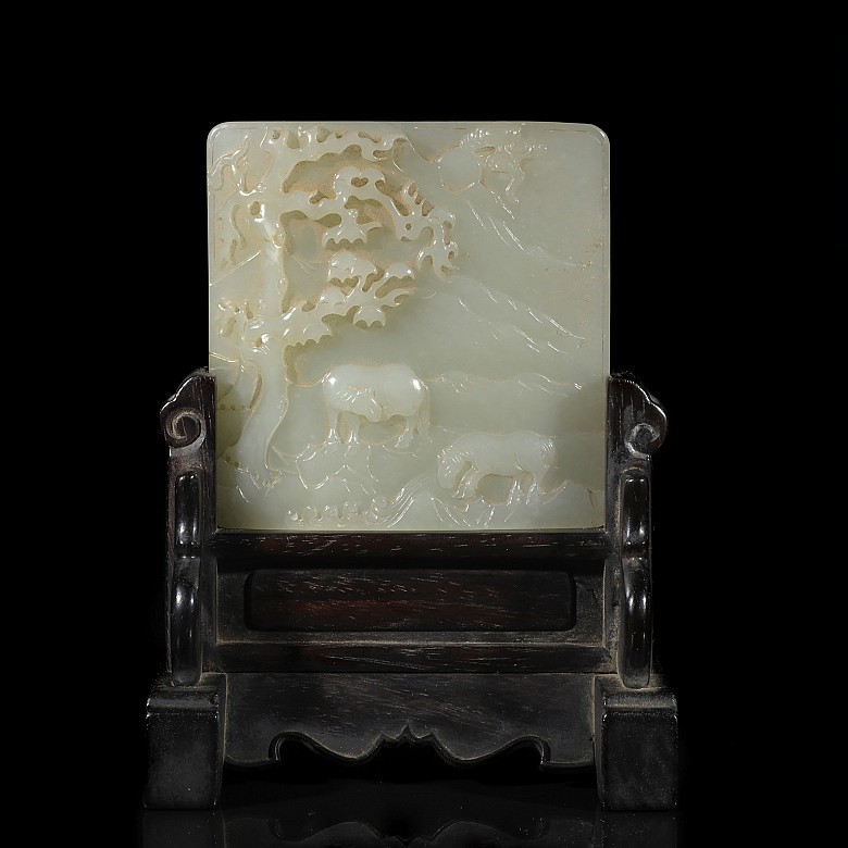 Carved jade panel on a pedestal, Qing dynasty