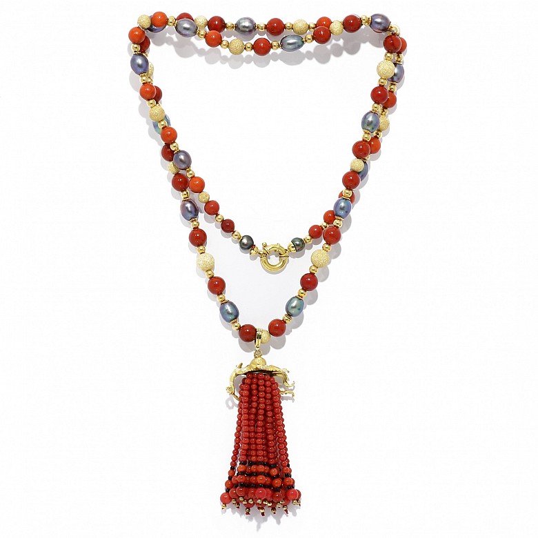 红珊瑚配珍珠18k黄金长项链