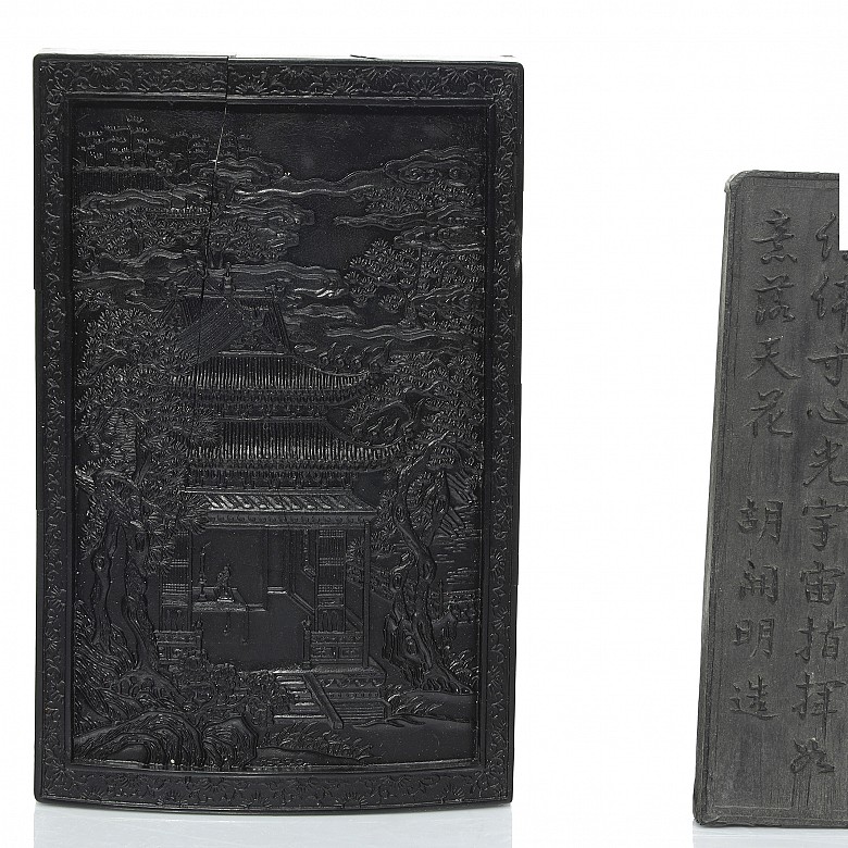 Two ink plaques with gilded inscriptions, 20th century