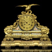 Reloj de sobremesa de bronce y porcelana, Francia, S.XIX
