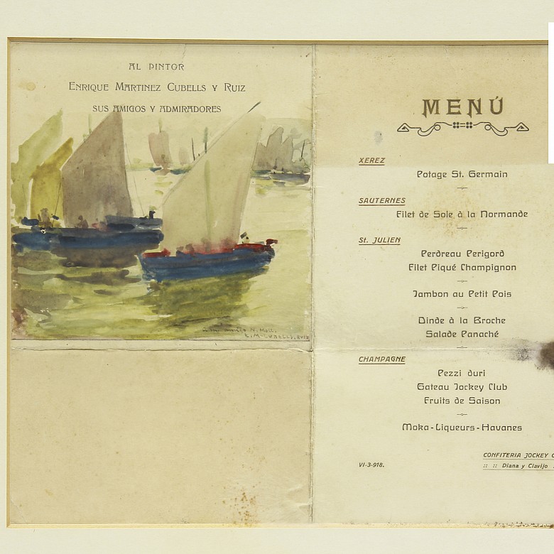 Restaurant menu with a drawing by Enrique Martinez Cubells y Ruiz (1874-1947).