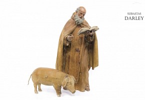 Escultura de madera de San Antonio Abad y un cerdo, s.XIX