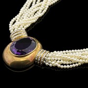Pearl necklace, 18k yellow gold and an amethyst - 4