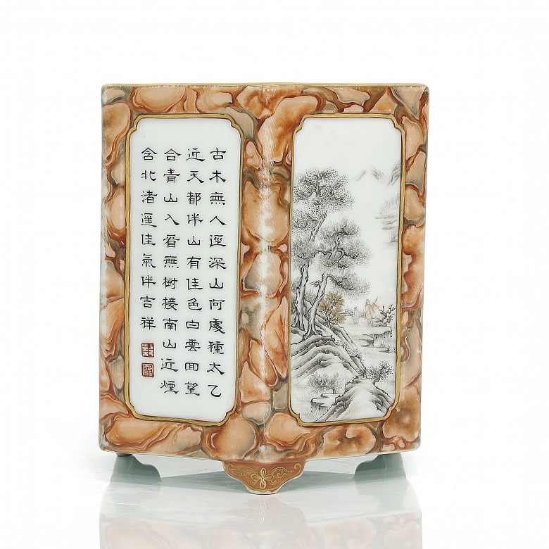 Bote para pinceles de porcelana esmaltada, con marca Qianlong