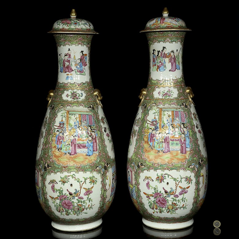 Pareja de jarrones con tapa, familia rosa, Cantón, S.XIX - 9