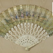 Bone and paper hand fan, with fan holder.