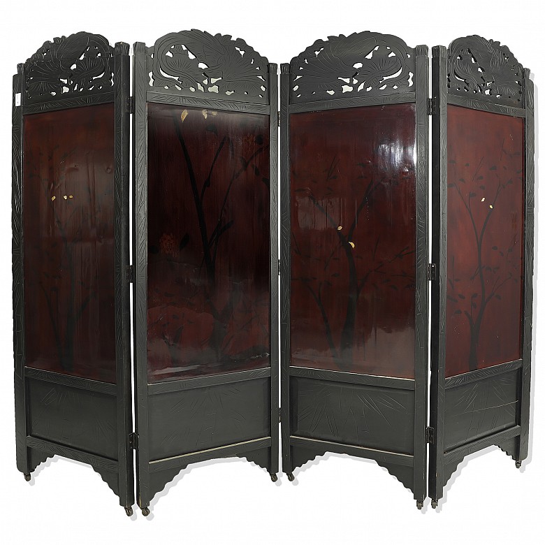 Chinese folding screen with hard stone applications, 20th century.