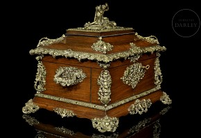Wooden decanter box with gilt bronze applications, ca.1900.