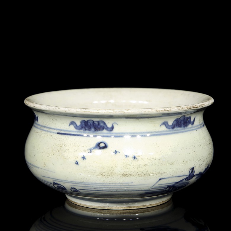 Quemador de incienso en porcelana Blanca y azul, siglo XIX - 1