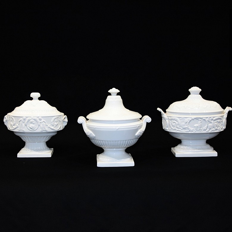 Three decorative enameled ceramic cups, 20th century