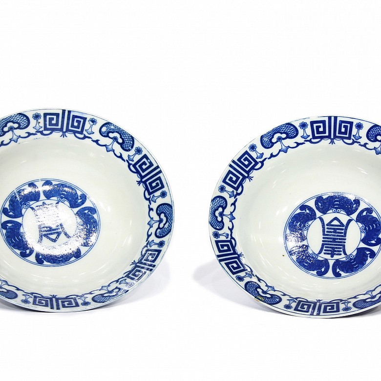 Pair of ceramic bowls in blue and white.