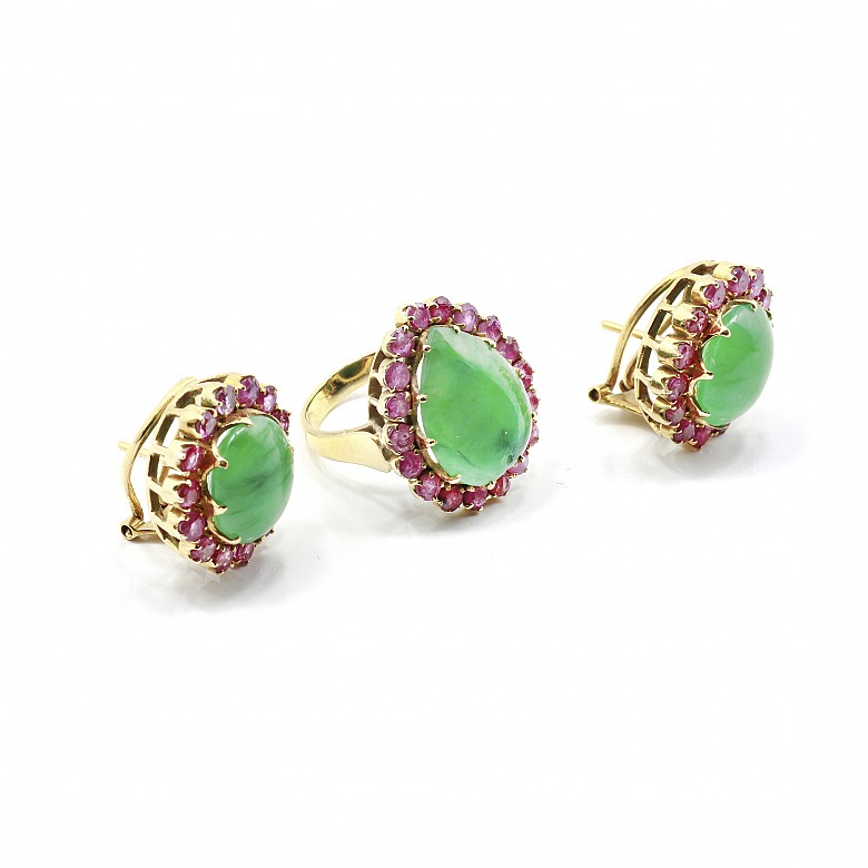 Set of ring and earrings with jade in yellow gold - 1