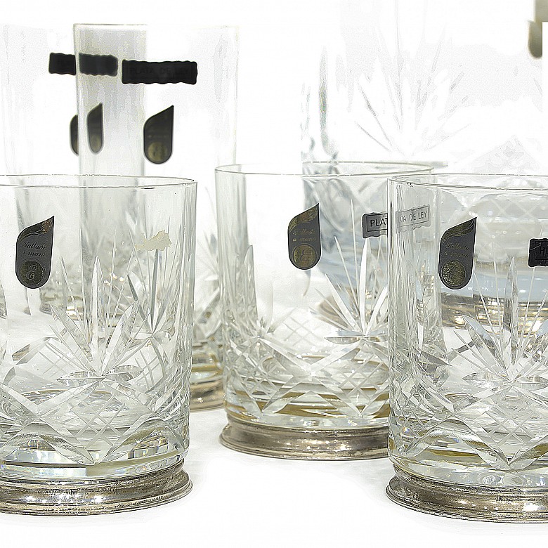 Glass cocktail set with silver foot and handles, 20th century