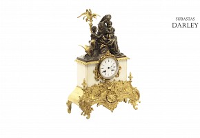 Reloj de mesa de bronce dorado y mármol, Barbot Paris, s.XIX